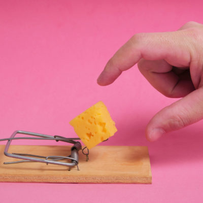 Hand Reaches For Piece Cheese In Mousetrap On A Pink Background.concept Business, Life And Hard Work And Freebies.